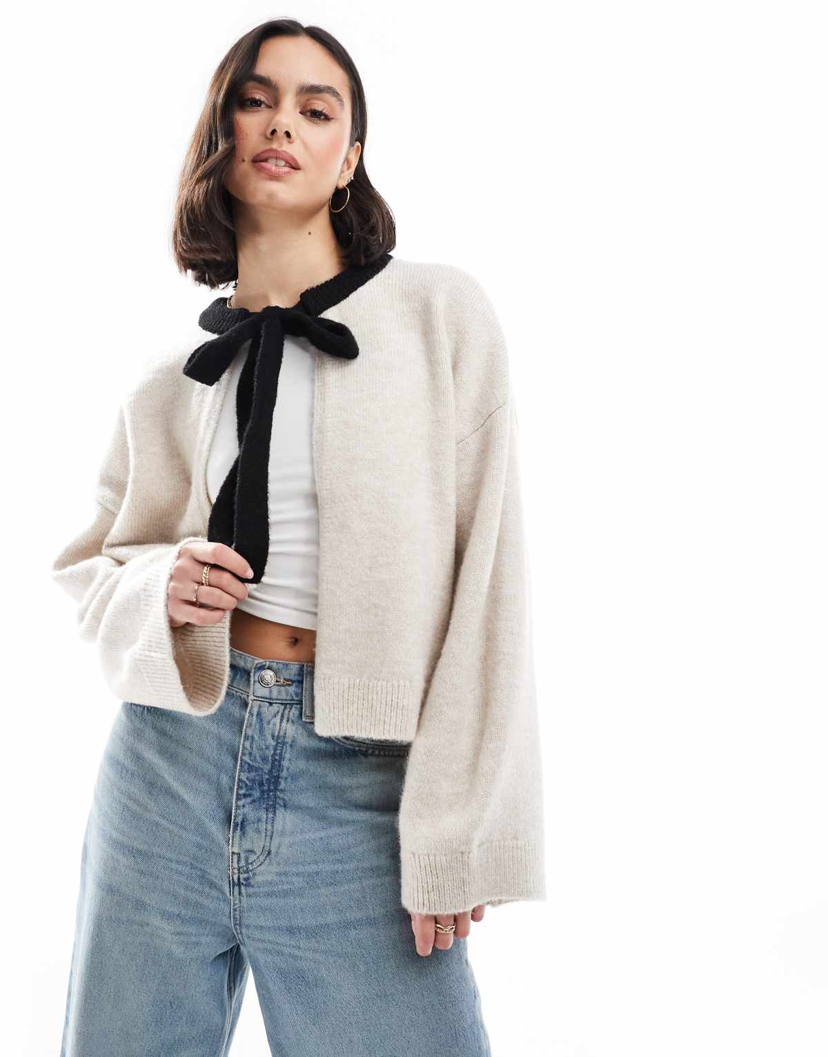 ASOS DESIGN open cardigan with bow tie neck in cream