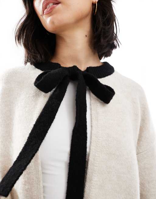 ASOS DESIGN open cardigan with bow tie neck in cream