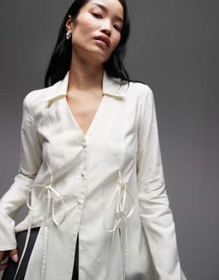 Asos Design Open Collar Longline 90's Viscose Shirt With Tie Waist Detail In White