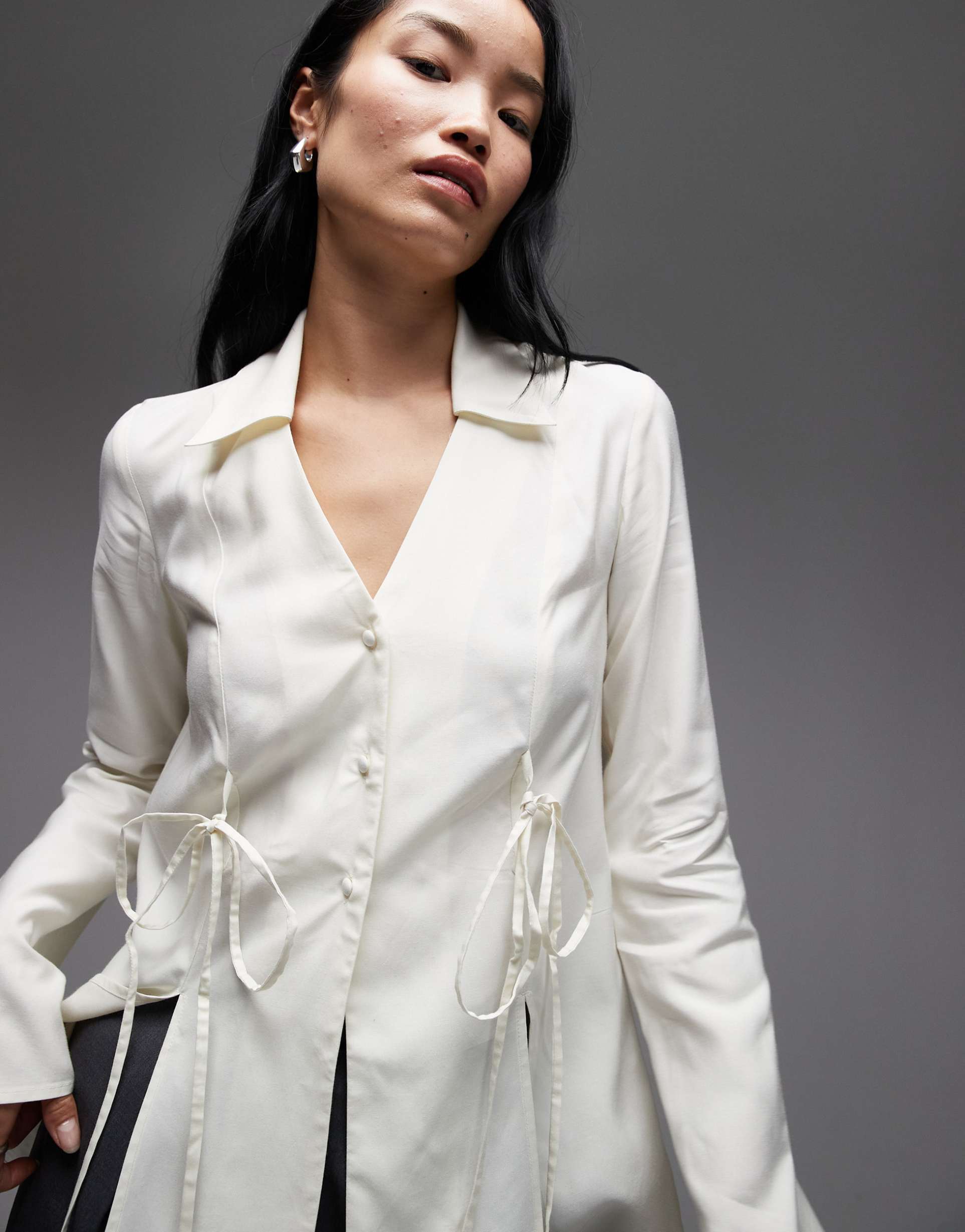 asos design open collar longline 90's viscose shirt with tie waist detail in ivory