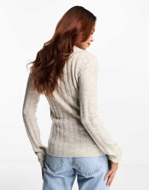 ASOS DESIGN open collar rib sweater in oatmeal , 3 of 4