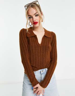 Asos Design Open Collar Ribbed Sweater In Ginger-auburn