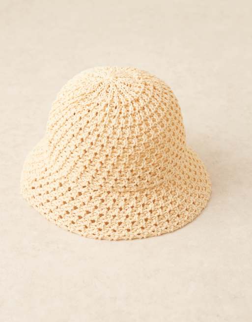 ASOS DESIGN - Open gebreide gehaakte opvouwbare bucket hat in naturel, 3 van 3