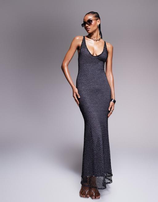 ASOS DESIGN - Open gebreide maxi jurk van mesh met lage ronde hals in glanzend zwart