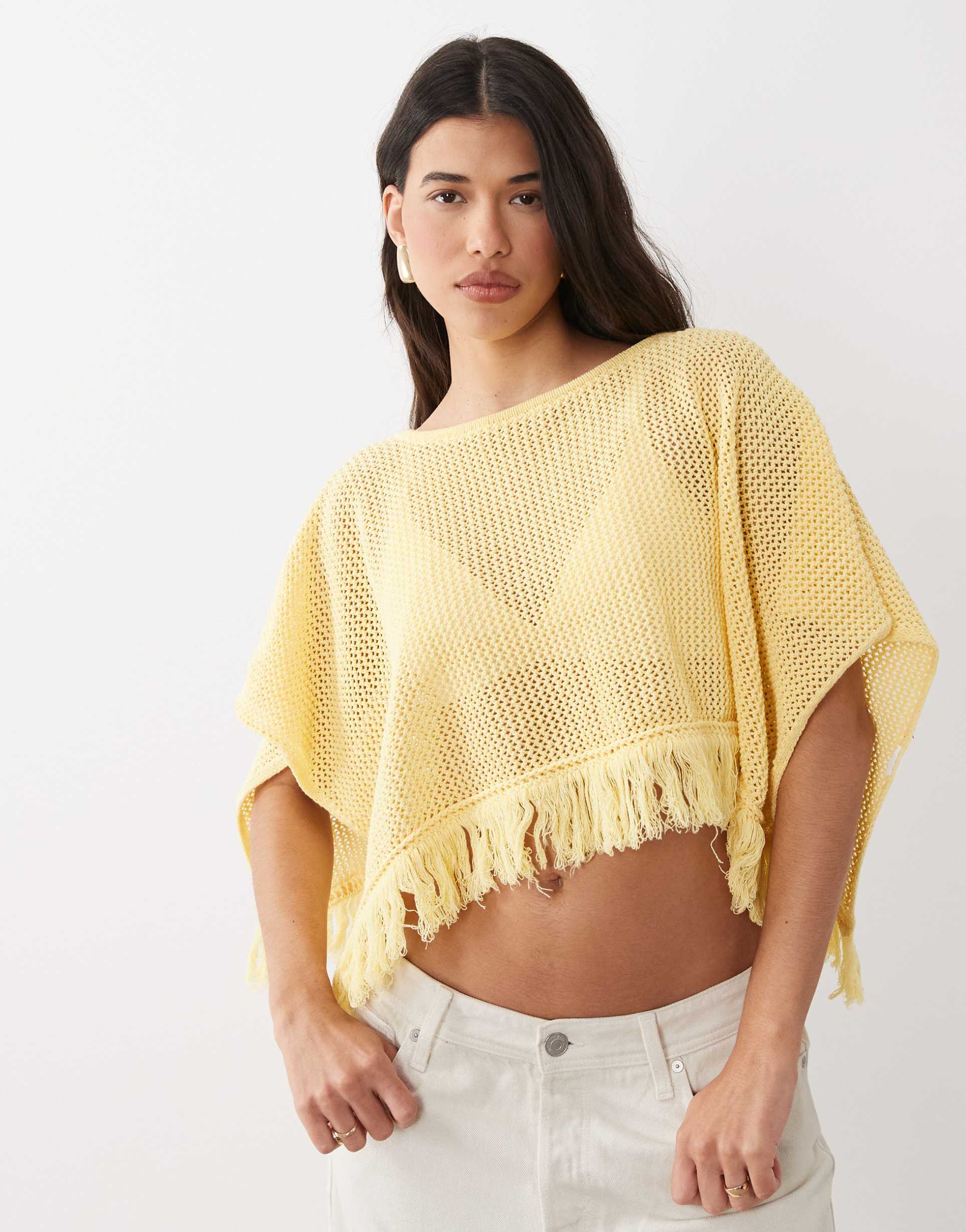 asos design open knit fringe cape in buttermilk