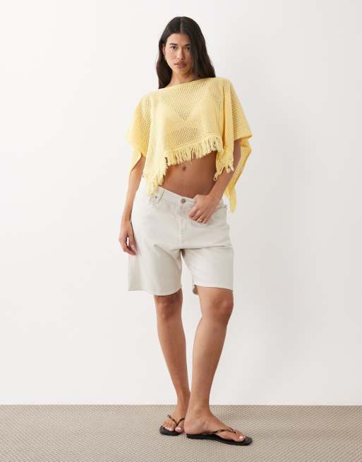 ASOS DESIGN open knit fringe cape in buttermilk, 2 of 4