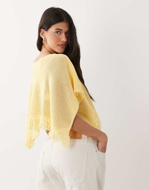 ASOS DESIGN open knit fringe cape in buttermilk, 4 of 4