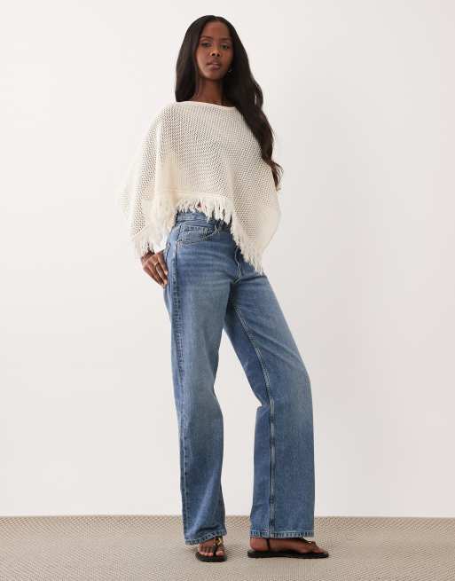 ASOS DESIGN open knit fringe cape in ecru, 2 of 4