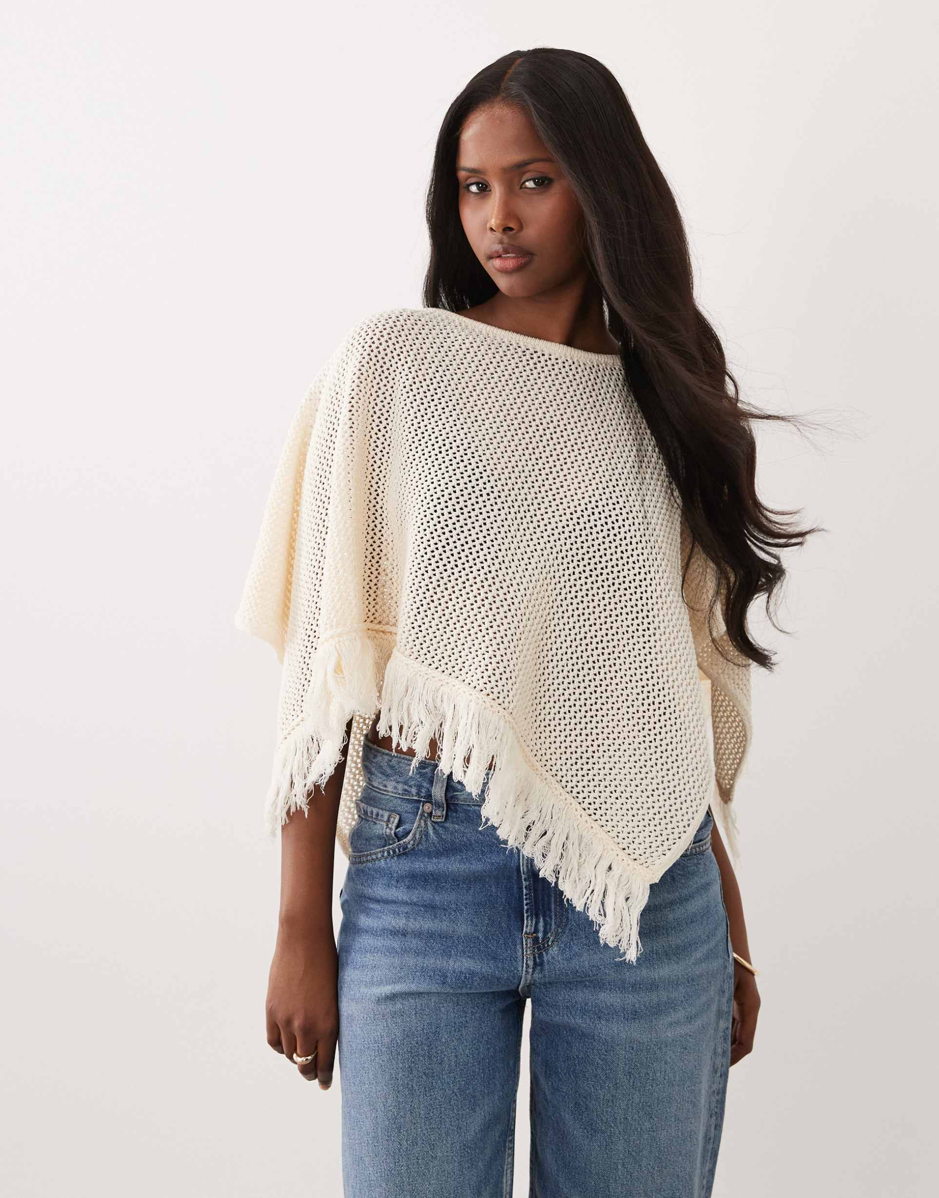 asos design open knit fringed hem cape in ecru