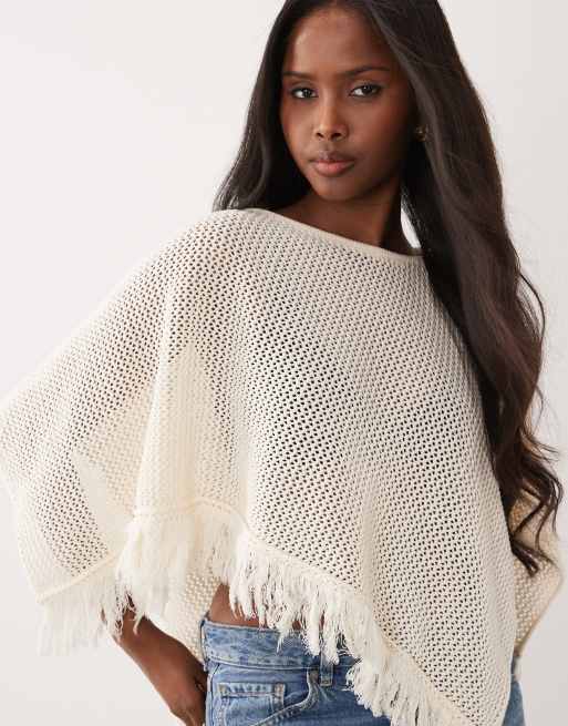 ASOS DESIGN open knit fringed hem cape in ecru, 3 of 4