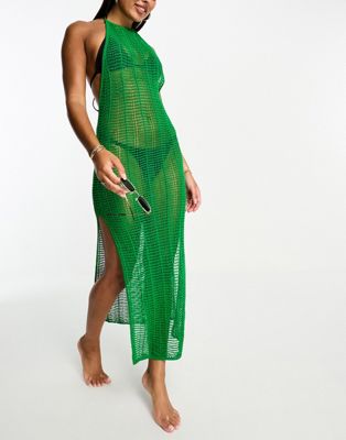 ASOS DESIGN open knit halter maxi beach dress in green
