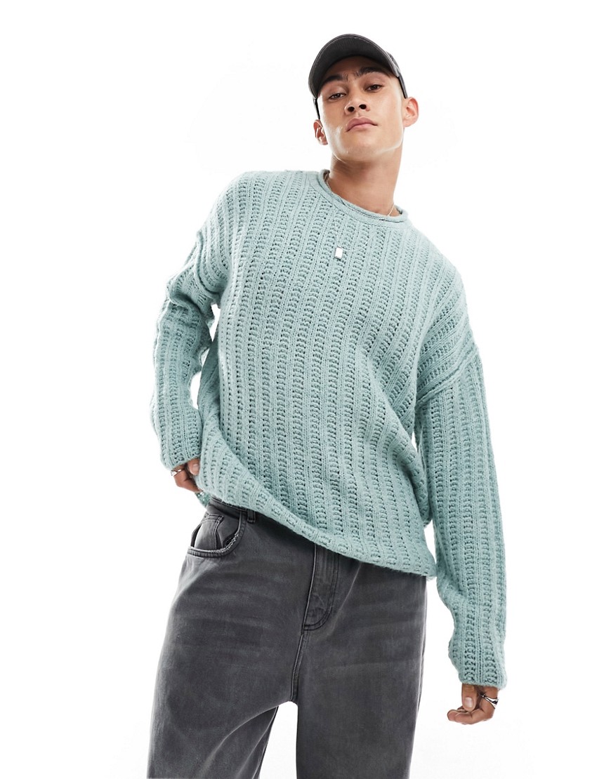 ASOS DESIGN open knit lightweight fluffy rib jumper in light blue
