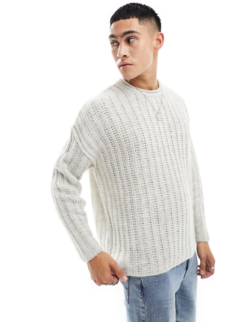 ASOS DESIGN open knit lightweight fluffy rib jumper in stone-Neutral
