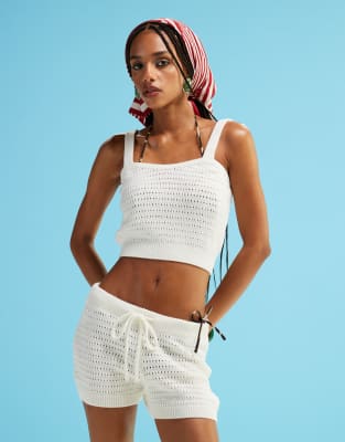 ASOS DESIGN open knit mini shorts in cream - part of a set