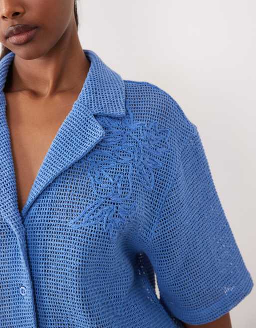 ASOS DESIGN open knit revere shirt co-ord with cornelli detail in blue, 3 of 4
