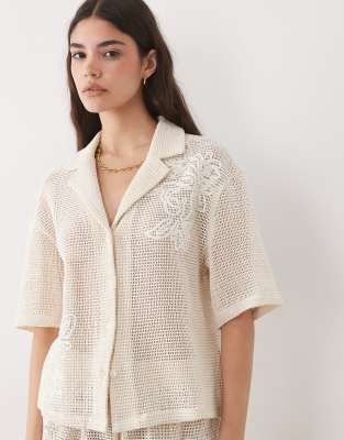 ASOS DESIGN open knit revere shirt co-ord with cornelli detail in cream