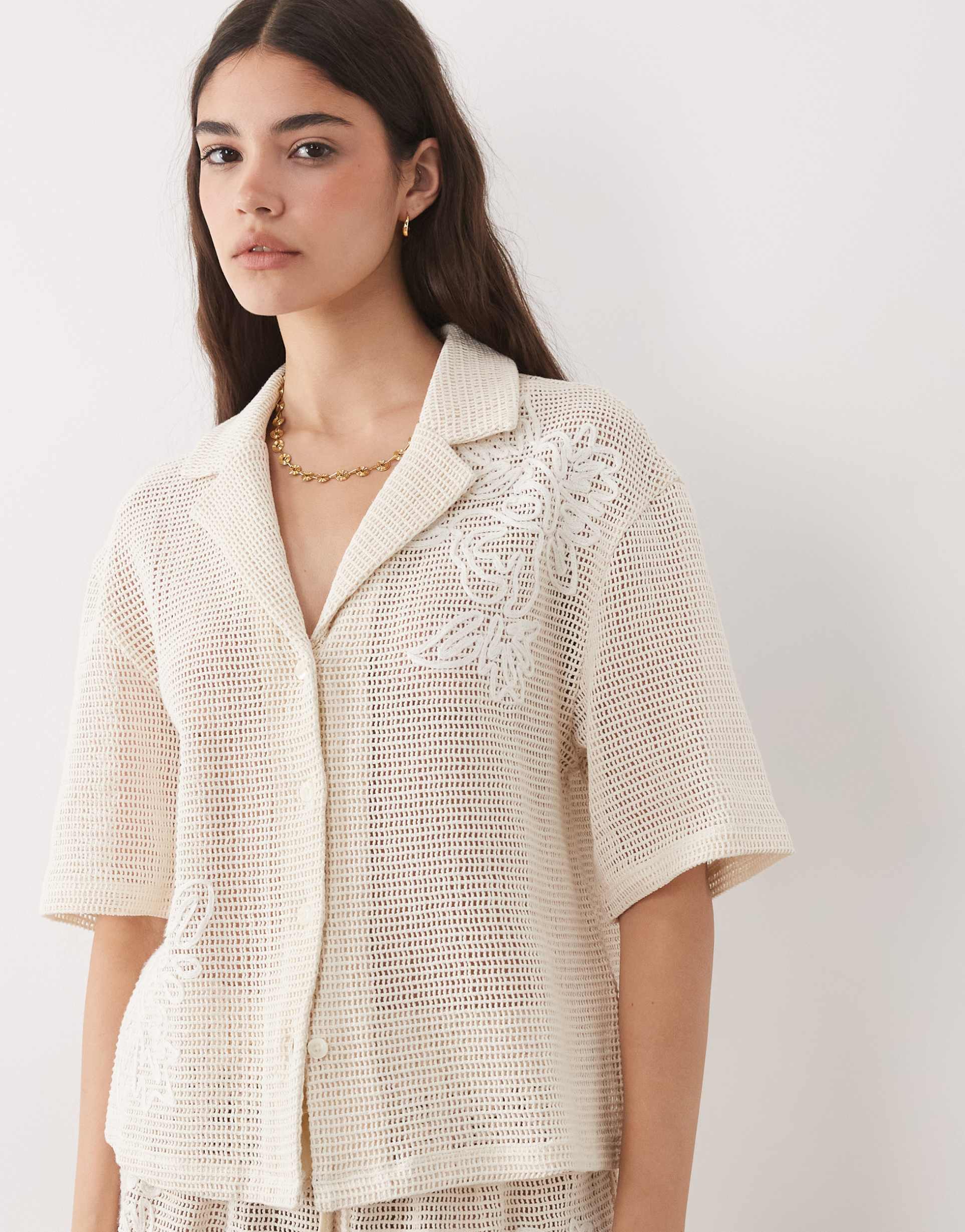 asos design open knit revere shirt with cornelli detail in cream - part of a set