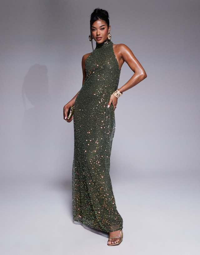 dark green sequin maxi dress ASOS DESIGN open knit halterneck with twisted back detail in forest green dress for wedding