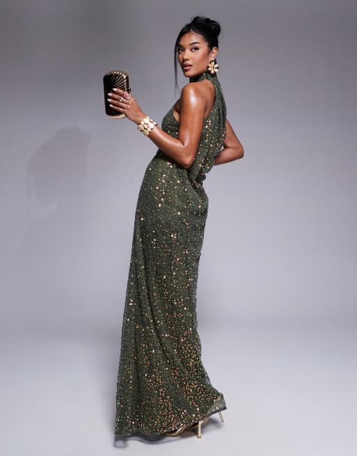 ASOS DESIGN open knit sequin halterneck maxi dress with twisted