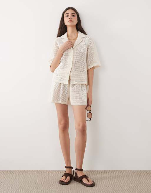 ASOS DESIGN open knit shorts with cornelli detail in Cream, 2 of 5