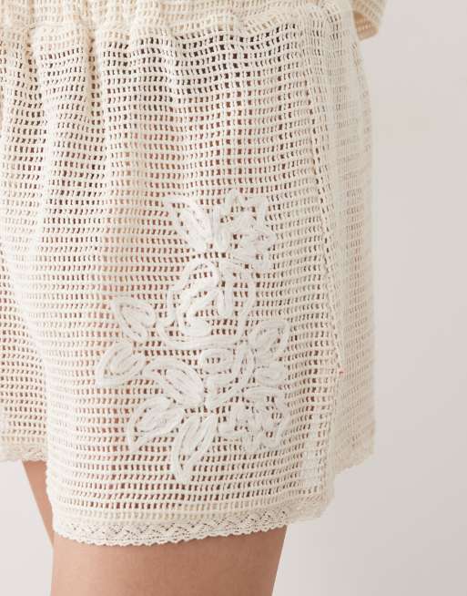 ASOS DESIGN open knit shorts with cornelli detail in Cream, 3 of 5