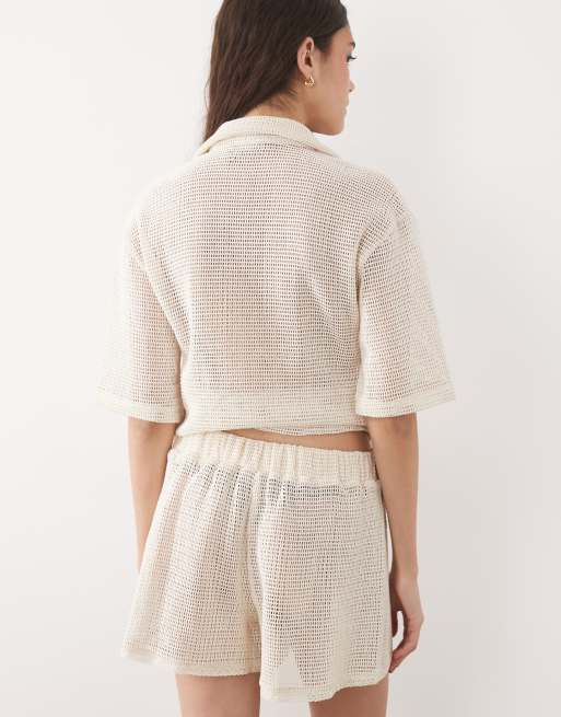 ASOS DESIGN open knit shorts with cornelli detail in Cream, 5 of 5