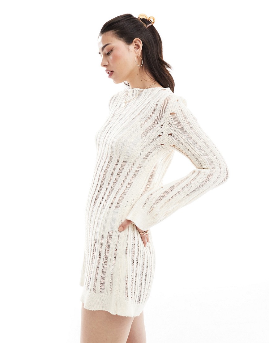 ASOS DESIGN open knit slash neck dress in neutral-White