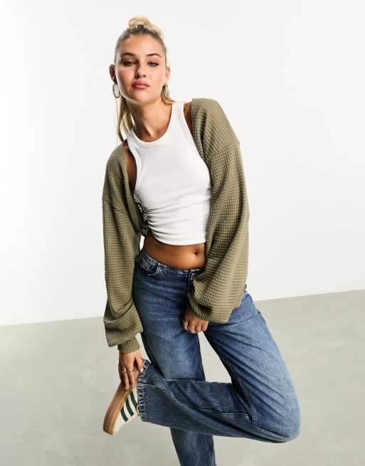 ASOS DESIGN open knit textured shrug cardigan in khaki | ASOS