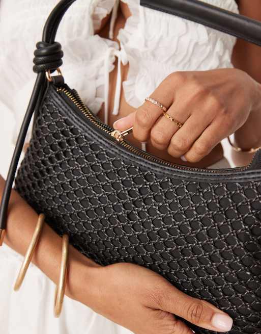 ASOS DESIGN - Open, met de hand geweven schoudertas met skinny hengsel in zwart, 3 van 4
