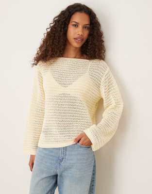 Asos Design Open Neck Crochet Stitch Knit Sweater In Yellow