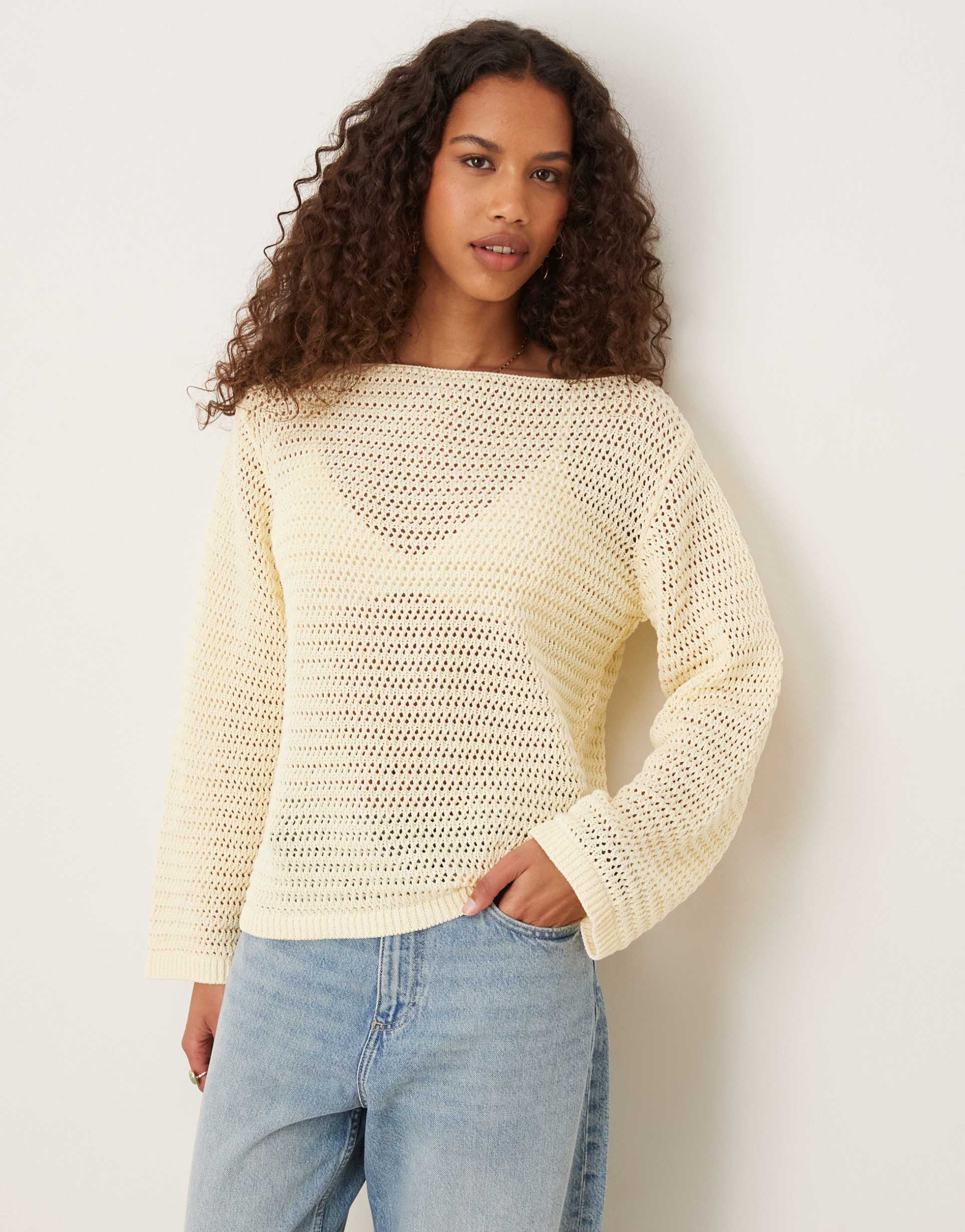 asos design open neck crochet stitch knit sweater in buttermilk
