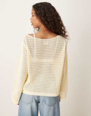 Asos Design Open Neck Crochet Stitch Knit Sweater In Yellow