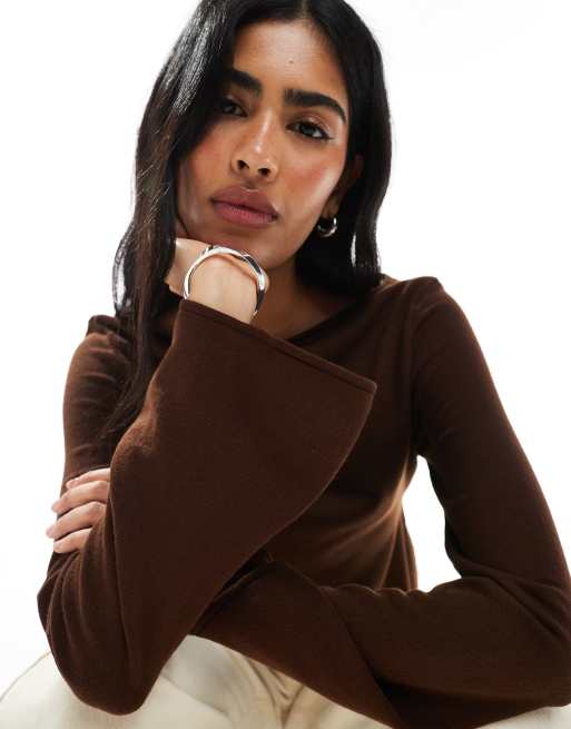 ASOS DESIGN open neck knitted top with tie back cinched waist in brown