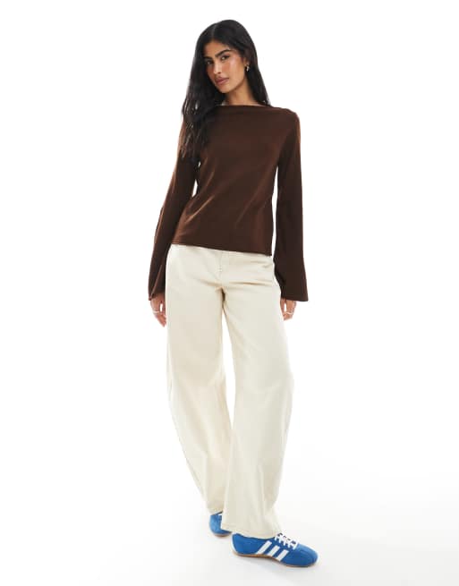 ASOS DESIGN open neck knitted top with tie back cinched waist in brown