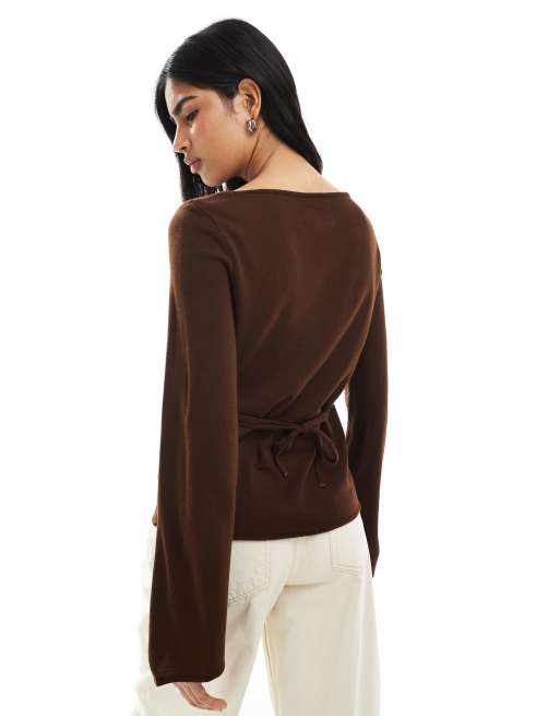 ASOS DESIGN open neck knitted top with tie back cinched waist in brown