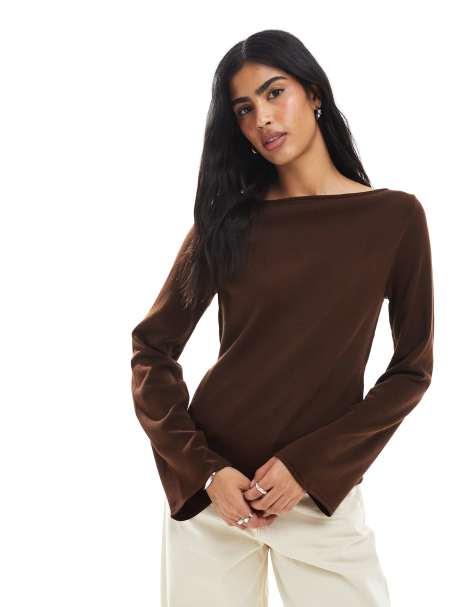 ASOS DESIGN open neck knitted top with tie back cinched waist in brown - view 1