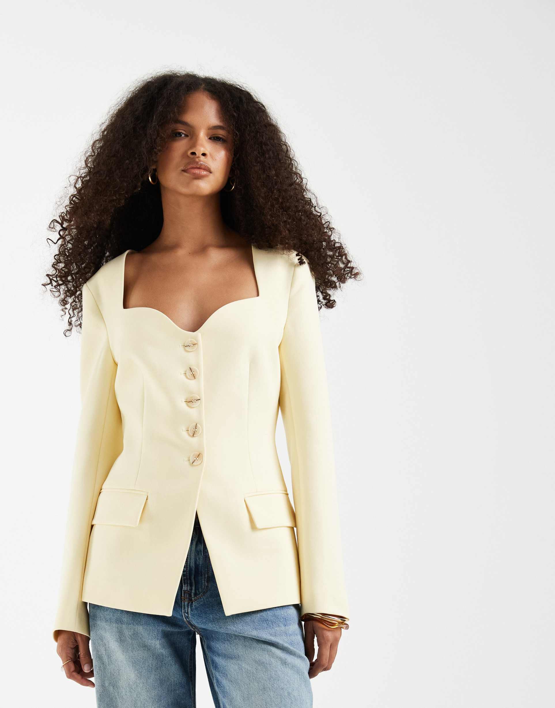 asos design open neckline blazer in buttermilk