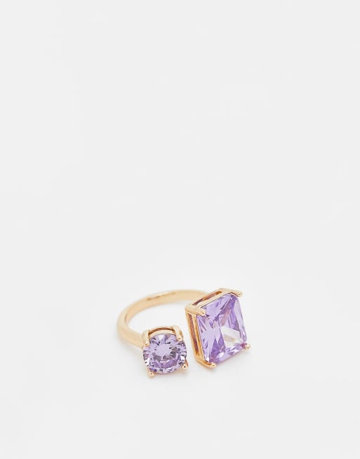 ASOS DESIGN open ring with cubic zirconia lilac stones in gold tone