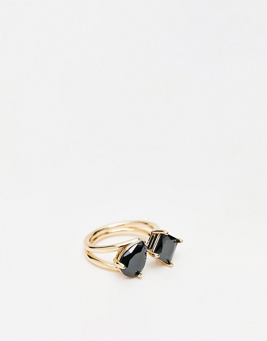 ASOS DESIGN open ring with split band and black stones in gold tone