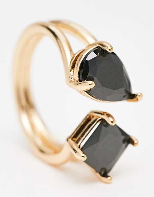 ASOS DESIGN open ring with split band and black stones in gold tone