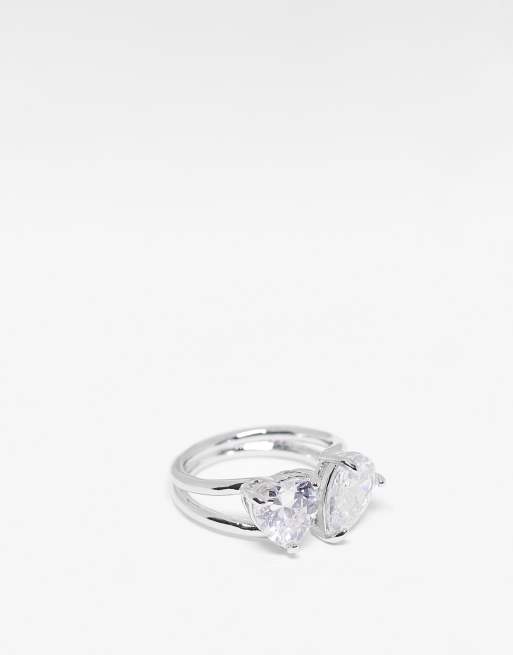 ASOS DESIGN open ring with split band and crystal stones with heart motif in silver tone