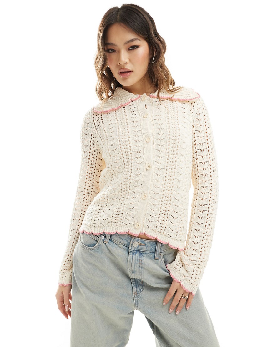 ASOS DESIGN open stitch cardigan with baby pink scallop in ecru-White