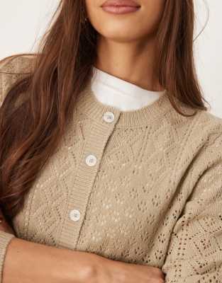 Asos Design Open Stitch Cardigan With Deep Rib Hem In Neutral