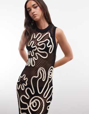 ASOS DESIGN open stitch cornelli pattern maxi dress in black with white overlay