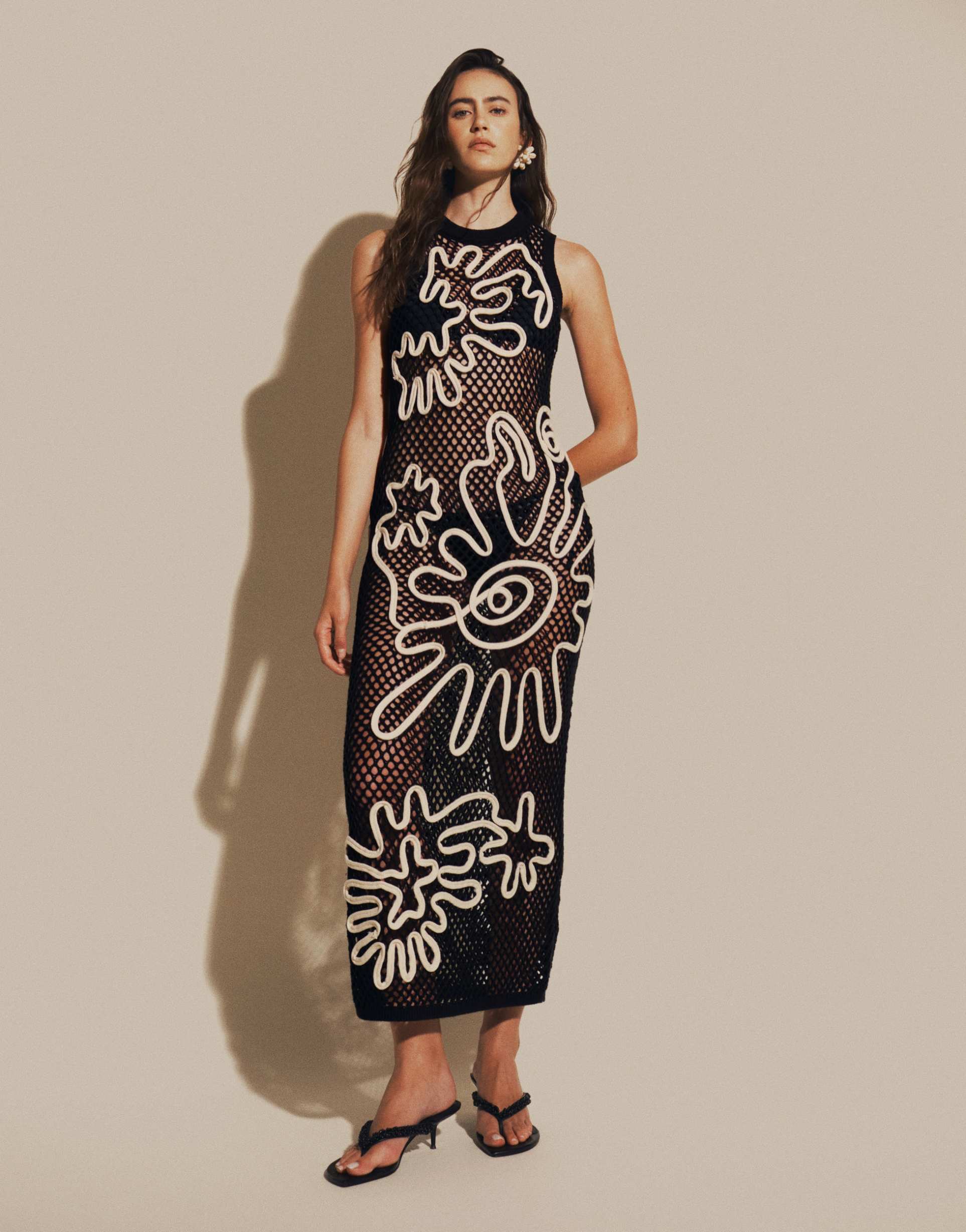 asos design open stitch cornelli pattern maxi dress in black with white overlay