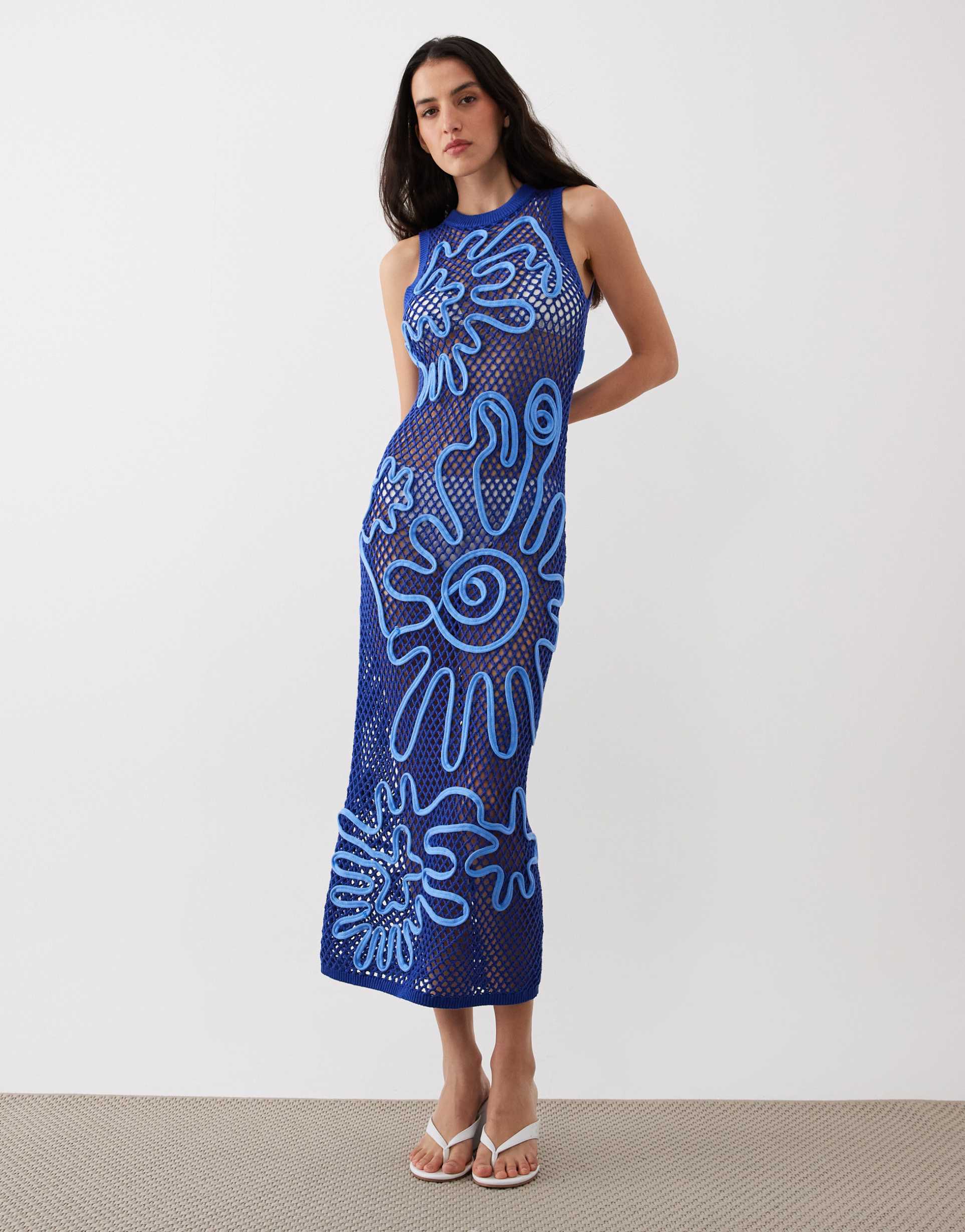 asos design open stitch cornelli pattern maxi dress in blue