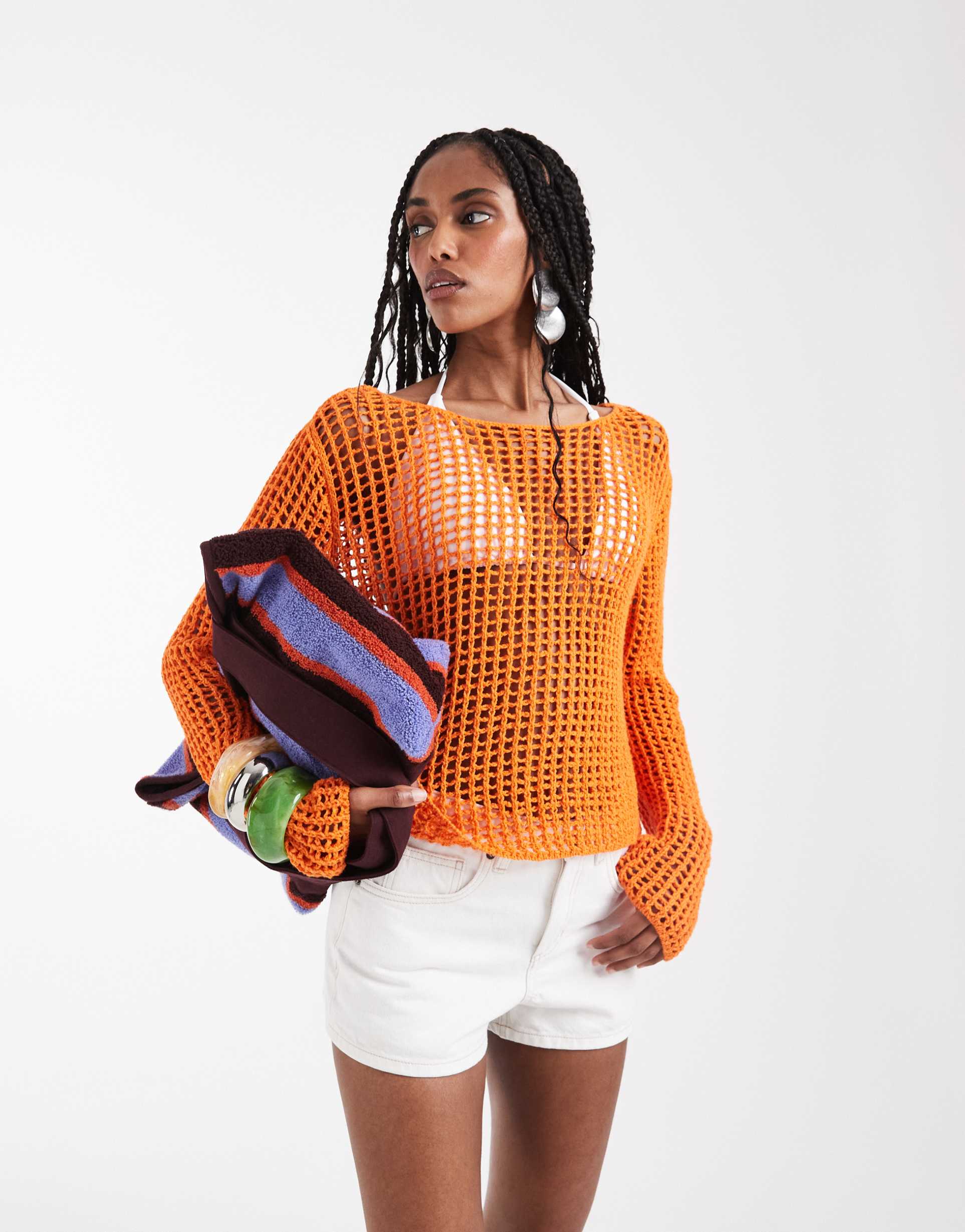 asos design open stitch crochet jumper in orange