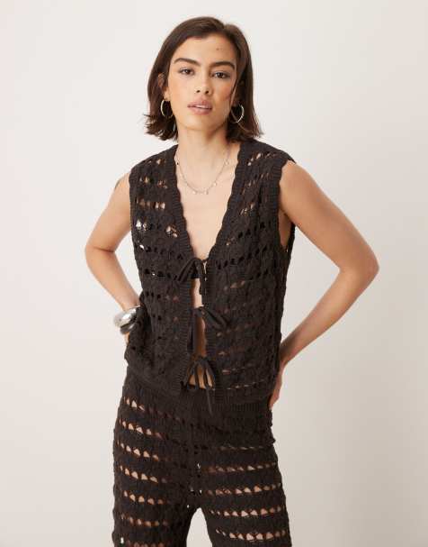 ASOS DESIGN open stitch crochet tie front knitted waistcoat in chocolate - BROWN - view 1
