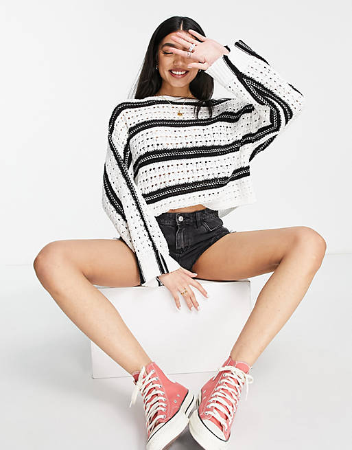 ASOS DESIGN open stitch jumper with stripe pattern in white | ASOS