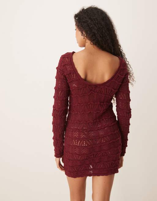 ASOS DESIGN open stitch knit mini dress with long sleeves in burgundy, 2 of 4